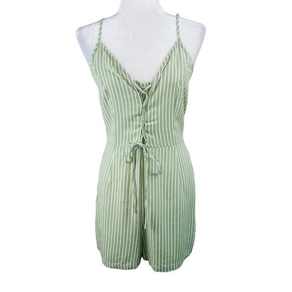 Vero Moda Sleeveless Linen Blend Lace Up Romper Green White Stripe Large/XL NWT - Picture 2 of 13